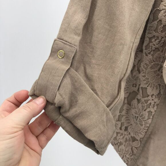 Chicos Jacket Womens Medium Tan Waterfall Open Front Roll Tab Sleeve Lace Panels - Picture 4 of 10